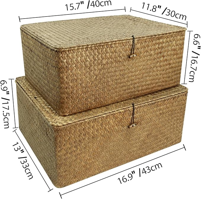 Shelf Storage Baskets with Lid, 2-Pack Wicker Storage Basket, Woven Seagrass Decorative Boxes, Coffee XXLarge+XXL