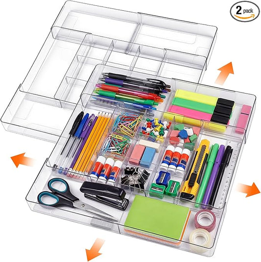 2 Pcs Large Expandable Acrylic Drawer Organizers, Grid Adjustable Drawer, Dividers Organizer for Desk, Makeup, Jewelry, Office, Kitchen Supplies (Clear,15 Compartments)