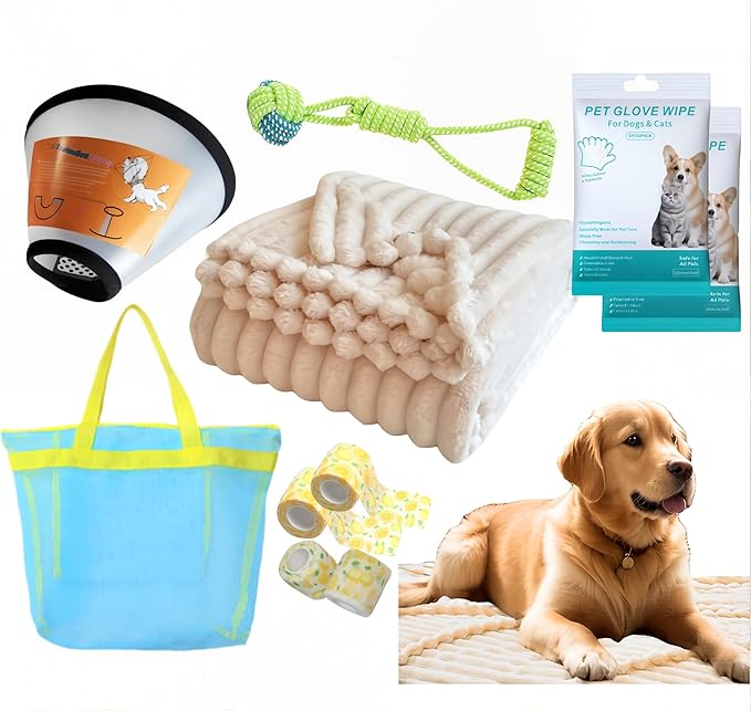 10 Pcs Surgery Recovery Kit for Dogs –Adjustable Dog Cone & Fluffy Dog Blanket (40''x60'') – Get Well Soon –Cleaning Wipes,Calming Toy, Bandages & Mesh Bag –Sympathy Gift for Pet (Blue-XL)