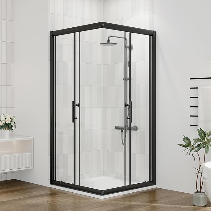DELAVIN 36.in W x 36.in L x 75.in H Shower Enclosure, SGCC Clear Tempered Double Sliding Shower Door with Explosion-Proof Film, Corner Shower Glass Enclosure In Matte Black (Shower Base Not Included)