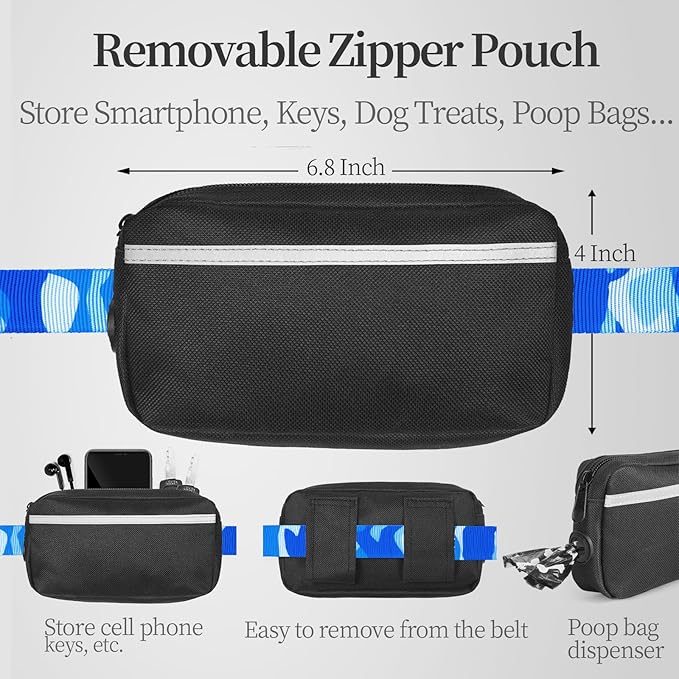 iYoShop Hands Free Dog Leash with Zipper Pouch, Dual Padded Handles and Durable Bungee for Walking, Jogging and Running Your Dog (camo Blue, Large)