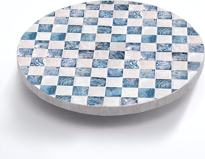 12" Checkered Lazy Susan for Tabletop, Handcrafted Mother of Pearl Turntable Organizer for Kitchen Counter, Coffee Table, Bathroom, Dining or Organizing (Navy Blue)