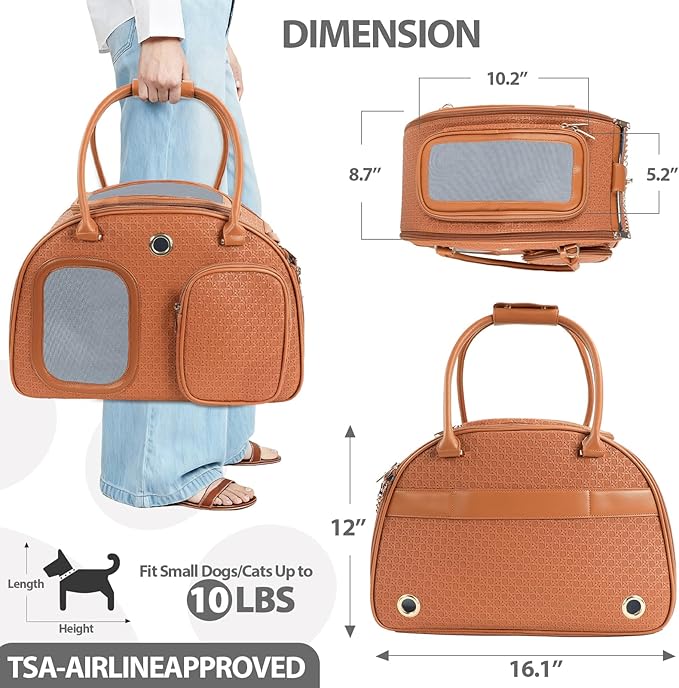 Dog Purse Carrier for Small Dogs, TSA Airline Approved Pet Tote Bag, Fashion Soft-Sided Puppy Carrier Purse with Pockets for Travel, Shopping, Daily Use (Brown, 16.1inch x 8.7inch x 12inch(LxWxH))