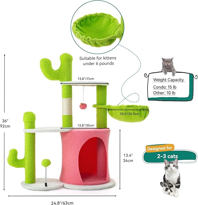 YITAHOME Cactus Cat Tree: 36 in Cats Tower for Indoor Kittens with 2 Platforms, Scratching Post, Spring Ball, Hanging Ball, Hanging Basket, Green & Pink