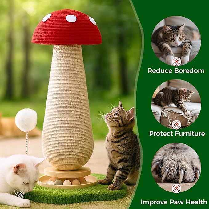 Mushroom Cat Scratching Post, Cat Scratcher with Interactive Ball Track & Spring Ball Toys, Sisal Scratcher for Indoor Cats Kittens, Stable Base, Kitty Tree Tower - Red 25.2''
