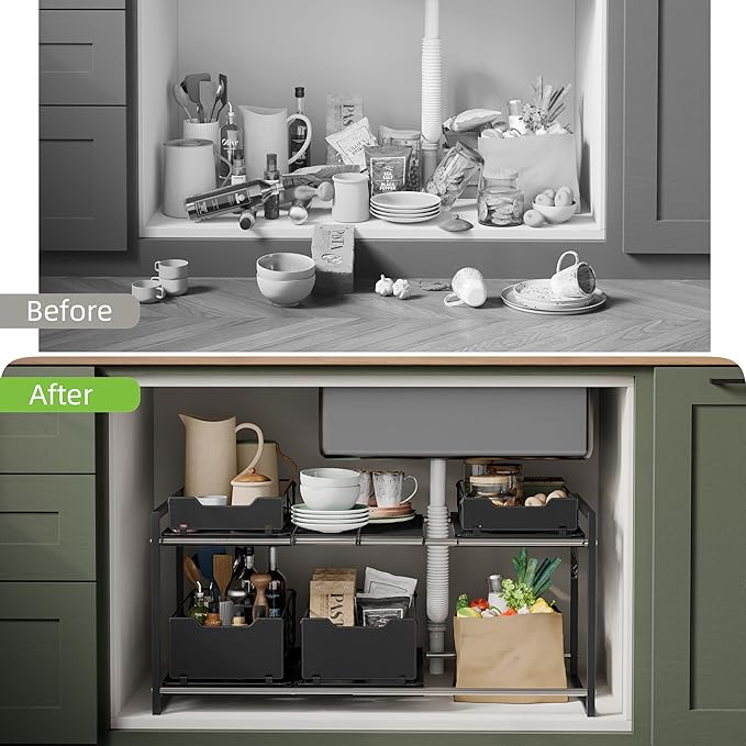 Adjustable Under Sink Organizers and Storage — Expandable Cabinet Storage Shelf with 4 Pull Out Baskets