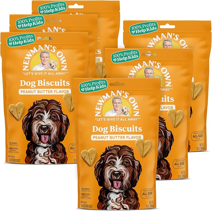 Newman's Own Peanut Butter Dog Biscuits, 10 oz Bag (Pack of 6) — Oven Baked Crunchy Training Treats, Organic Ingredients, No Wheat Corn or Soy, Premium Quality Wholesome Dog Cookies