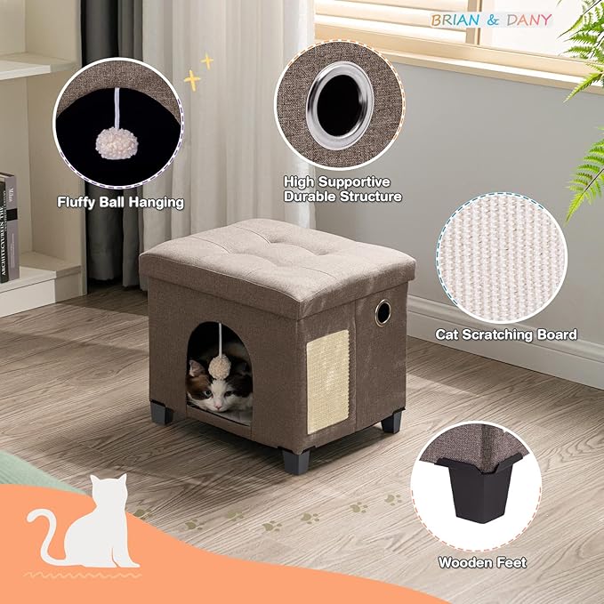 BRIAN & DANY Foldable Cat House, Cat Cave, Cat Cube with Scratch Board & Ball, 14.7" x 14.1” x 12.7”, Brown