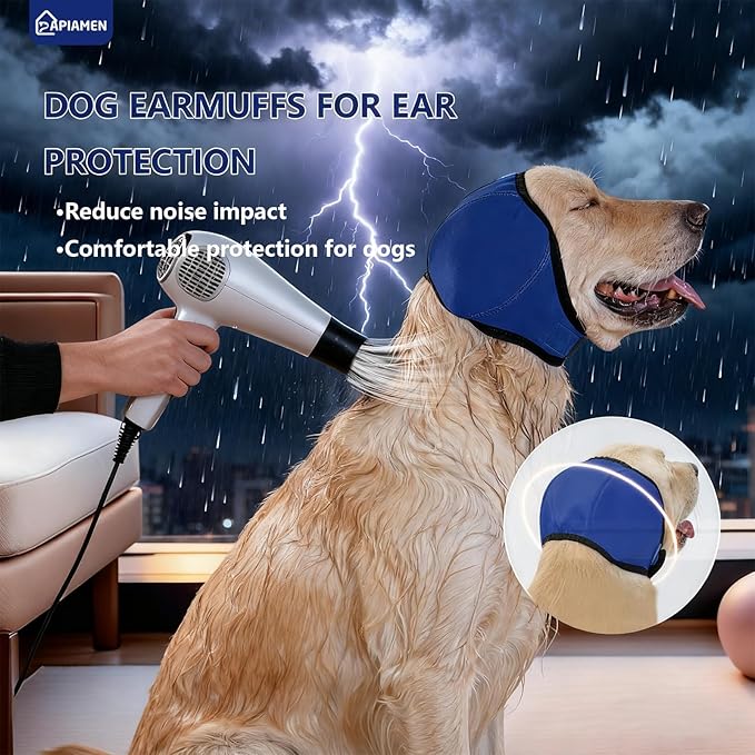 Dog Ear Cover for Hematoma,Bathing,Grooming,Drying,Fashion No Shake Ear Wraps for Dogs Ear Muffs Noise Protection Anxiety Relief,Waterproof Dog Calming Hoodie Shower Cap(Blue,M)