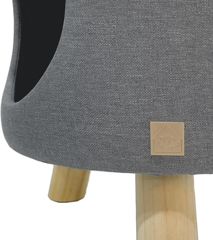 4 Cats & Dogs Wallie Stool - Plush Polyester Pet Stool with Wooden Legs, Cozy Hideaway for Cats & Small Dogs, Multipurpose Footstool & Seat, Modern Minimalist Design for Home & Office - Dark Grey