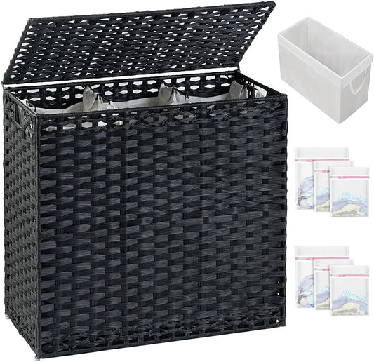 Laundry Hamper with Lid Laundry Basket 132 L (35 Gal) Wicker Clothes Hamper, Handwoven Rattan Hamper with Handles and 4 Removable Liner Bags, 6 Mesh Bags for Laundry Bedroom Black