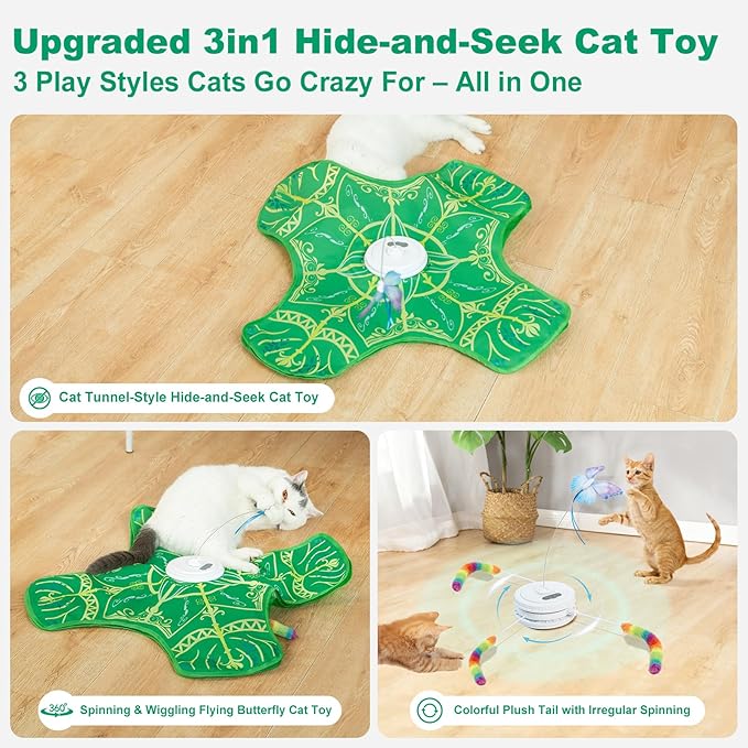 Interactive Hide and Seek Cat Toy with Green Cover + 3 Plush Tail Wand Replacements
