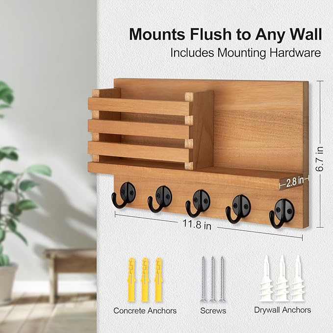 Key Holder for Wall – Decorative Wooden Mail Holder and Key Shelf with Mounting Hardware, Installation Guide – Paulownia Wood with 5 Metal Key Hooks (11.8” x 6.7” x 2.8”) (Light Brown)