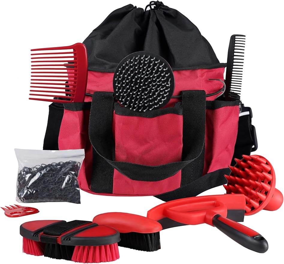 Harrison Howard Horse Grooming Kit, 9-Piece Set with Non-Slip Silicone Grip for Bathing, Shedding & Hoof Care Red