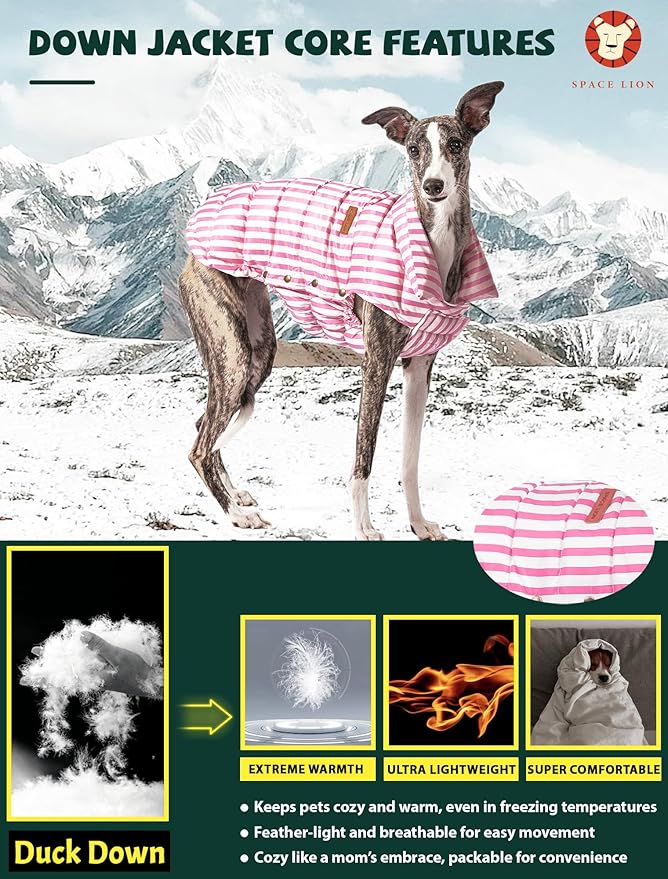 SPACE LION Dog Puffer Jacket, Down Winter Coat, Durable Outdoor Coat for Cold and Windy Conditions, Lightweight & Adjustable Fit Coats for Small & Medium Dogs, (Pink, Size12/M)