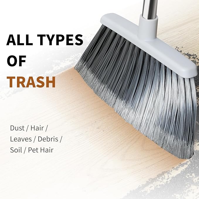 Broom, Outdoor Brooms for Sweeping Indoor, Adjustable 55" Pet Hair Removal Heavy Duty Broom for Floors Home Kitchen Garage Commercial Patio Industrial Snow (Grey 2 Pack and Black 1 Pack)