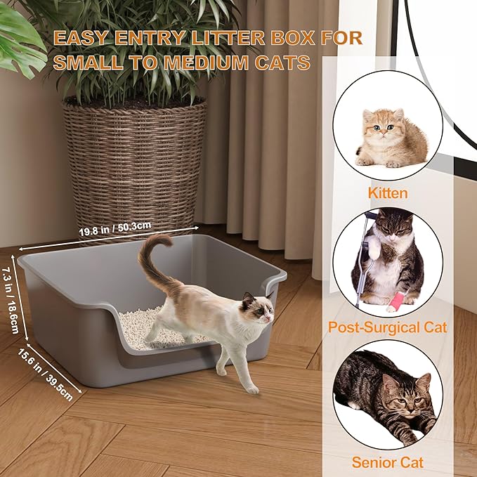 Open-Top Large High Sides Cat Litter Box with Low Entrance, Suitable for Small and Elderly Cats, Anti-Splash, 19.8” x15.6”x7.3” for Indoor Use (Grey（Moon Gray）)