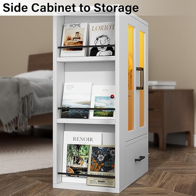 Pet Wardrobe Closet with LED Light, Side Storage Shelves & Drawer, White Pet Clothes Organizer Cabinet with Hanging Rod, Multi-Functional Pet Closet for Dogs & Cats Clothing, Toys