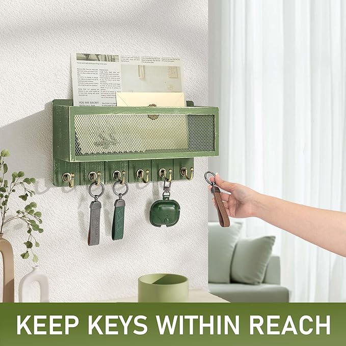 Rebee Vision Pine Wood Mail and Key Holder for Wall Decorative – Key Holder Wall Mount with Hooks and Mail Basket for Home Essentials – Wooden Farmhouse Storage Rack for Apartment (Green)