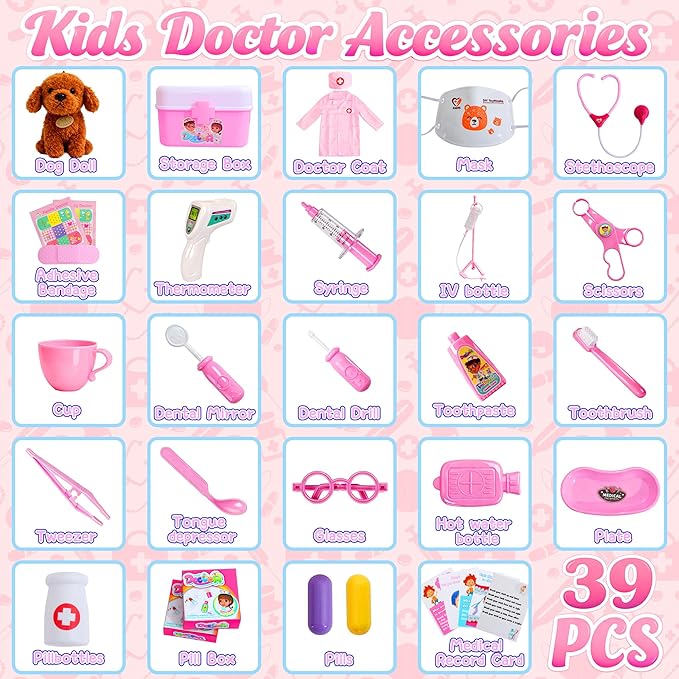 Girl Toys Doctor Kit for Toddlers 3-5 with Plush Dog, 39 PCS Kids Vet Play Set with Heartbeat Sound Stethoscope & Dress Up Toddler Doctor Costume & Hat, Pretend Play Pet Vet Toy for Girls Gifts