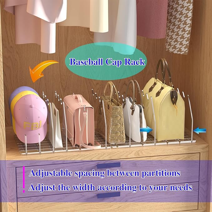 purse organizer for closet Sleek Transparent Acrylic Adjustable Organizer -shelf dividers Multifunctional for Home & Office Spaces (8 Baffles + 1 Hat Stand (Clear, 8+2)
