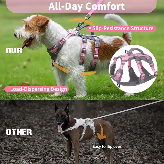 Huntboo Reflective Dog Harness with Handle, Escape Proof, No Slip, Breathable, Lightweight, Adjustable Lift Harness for Small, Medium, and Large Dogs Walking, Training, and Running Gear(Light Pink,XS)