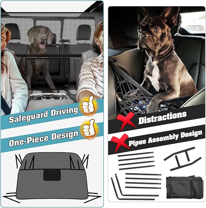 Mixsuper Dog Car Barrier, 61.4" Wide, Car Divider for Trucks, Large SUV, One-Piece Escape-Proof Back Seat Mesh Dog Car Net Barrier Black