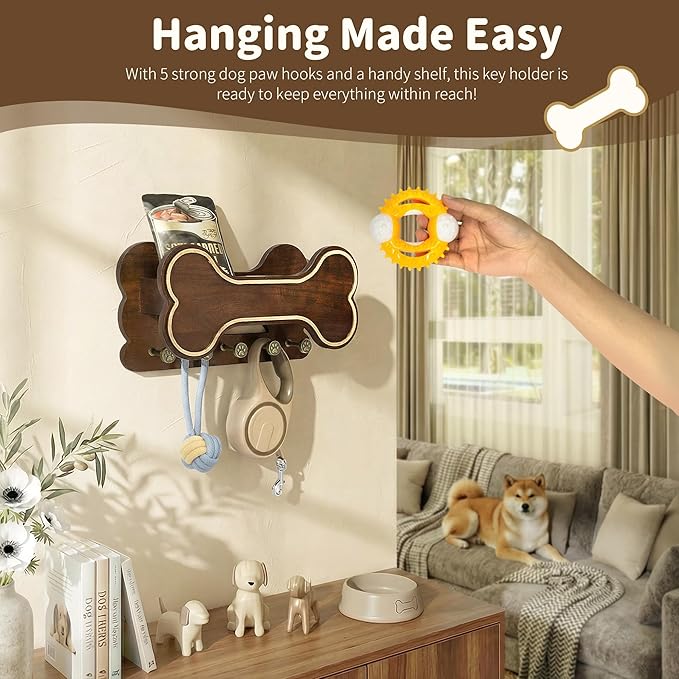 MTERSN Decorative Dog Leash Holder for Wall - Bone Shape Key Holder Wall Mount with 5 Cute 3D Doggie Paw Key Hooks & Floating Shelf to Organize Dog Stuff - Wall Decor Living Room for Pet (Dark Acacia)