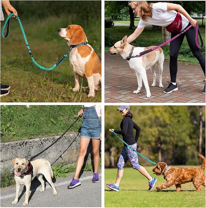 2 Pack Heavy Duty Dog Leash for Medium Large Dogs That Pull,4-6FT Shock Absorbing Bungee Tactical Dog Leash with 2 Padded Handle Car Seatbelt,Reflective Walking Training Lead,Purple Camo
