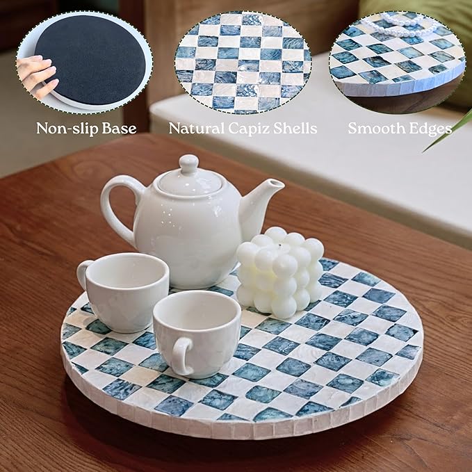 12" Checkered Lazy Susan for Tabletop, Handcrafted Mother of Pearl Turntable Organizer for Kitchen Counter, Coffee Table, Bathroom, Dining or Organizing (Navy Blue)
