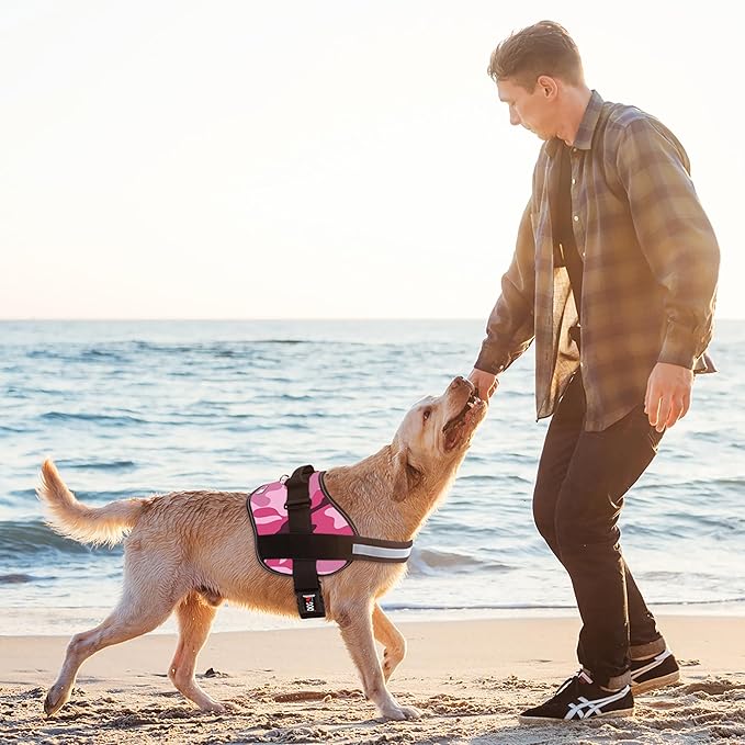 Dogline Dog Harness, Reflective No-Pull Adjustable Vest with Handle for Walking, Training, Breathable, No - Choke Harness for Small, Medium or Large Dogs Room for Patches Girth 22"-28" in Pink Camo