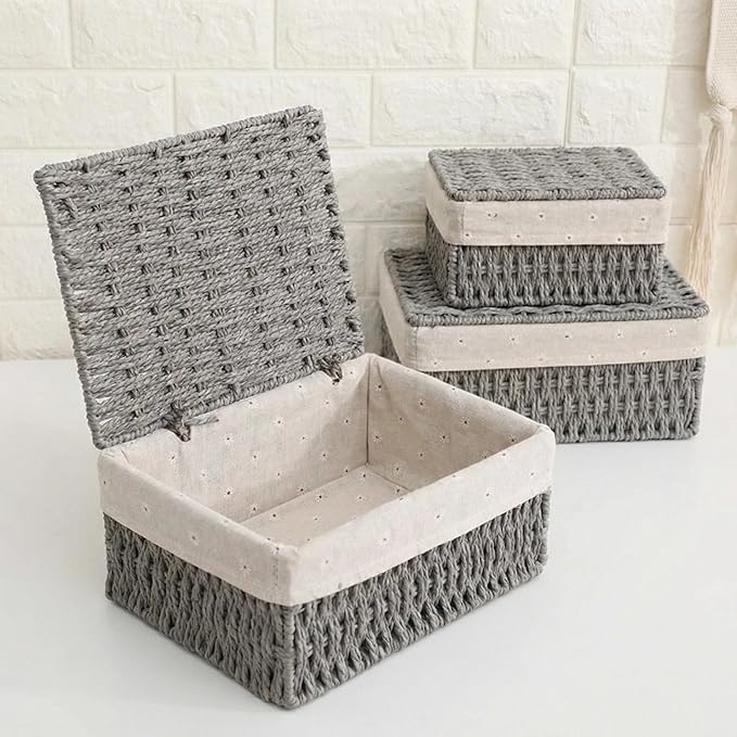 Woven Storage Baskets with Lids, Set of 3, Gray Paper Rope Wicker Bins with Lids & Removable Liners, Stackable Shelf Organizer Boxes for Bathroom Closet Nursery