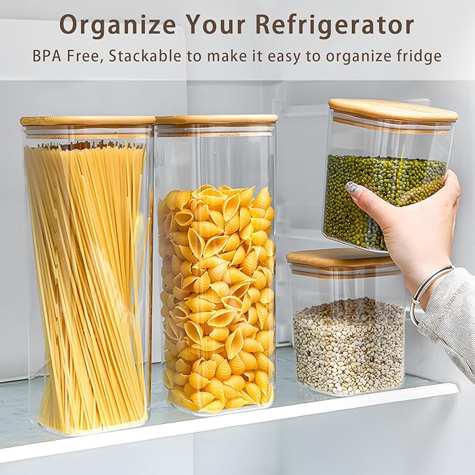 Square Storage Containers with Lids, Clear Food Storage Container Jar with Sealing Bamboo Lid for Noodles Flour Cereal Rice Sugar Tea Coffee Beans (20oz*3/40oz*2/67oz*1)