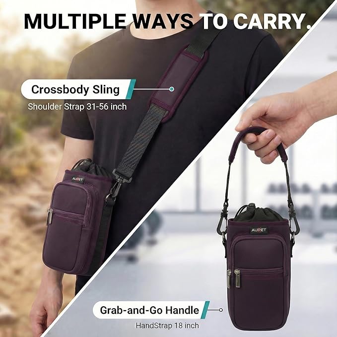AUPET Water Bottle Sling Bag Sleeve Holder Carrier 25/32/40/64 oz,Insulated Crossbody Water Bottle Case Cover with Strap and Pockets for Men/Women Walking Hiking