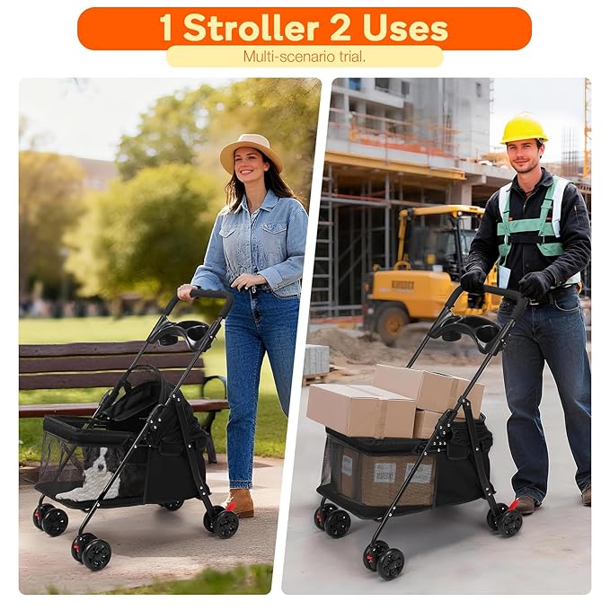 Foldable Pet Stroller for Small/Medium Dogs & Cats up to 22 lbs - Lightweight 4-Wheel Design with Sun Canopy, Storage Basket & Breathable Mesh Windows