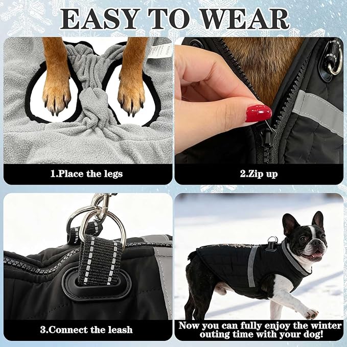 EXPAWLORER Dog Winter Coat Jacket, Thick Warm Waterproof Reflective Puppy Snowsuit With Harness Buit In, Pet Fleece Vest Soft Turtleneck With Zipper Cold Weather For Small Medium Large Dogs - Black, S