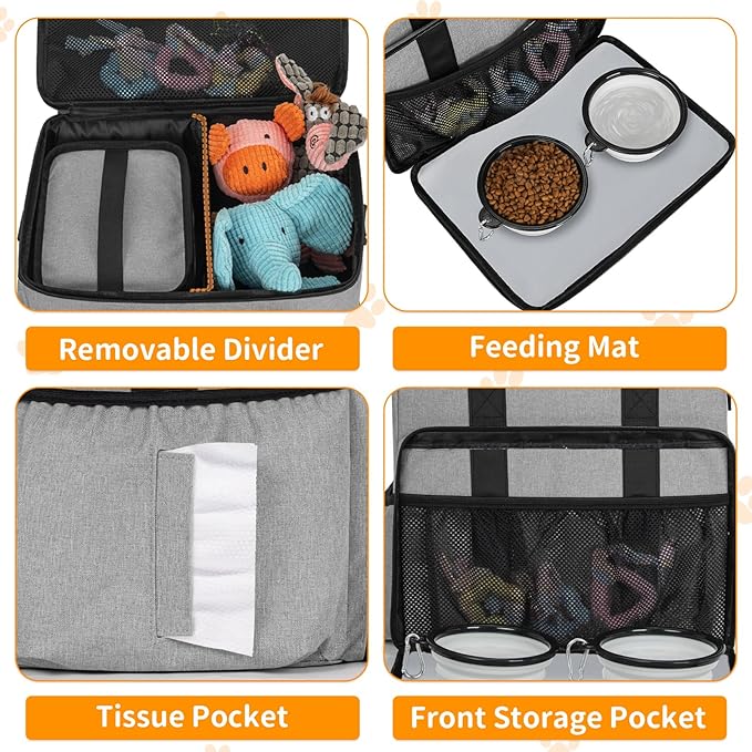 Dog Travel Bag,Large Pet Travel Bag for Supplies with 2 Food Container and Collapsible Bowls,Dog Travel Supplies Organizer Kit for Weekend,Road Trips,Camping