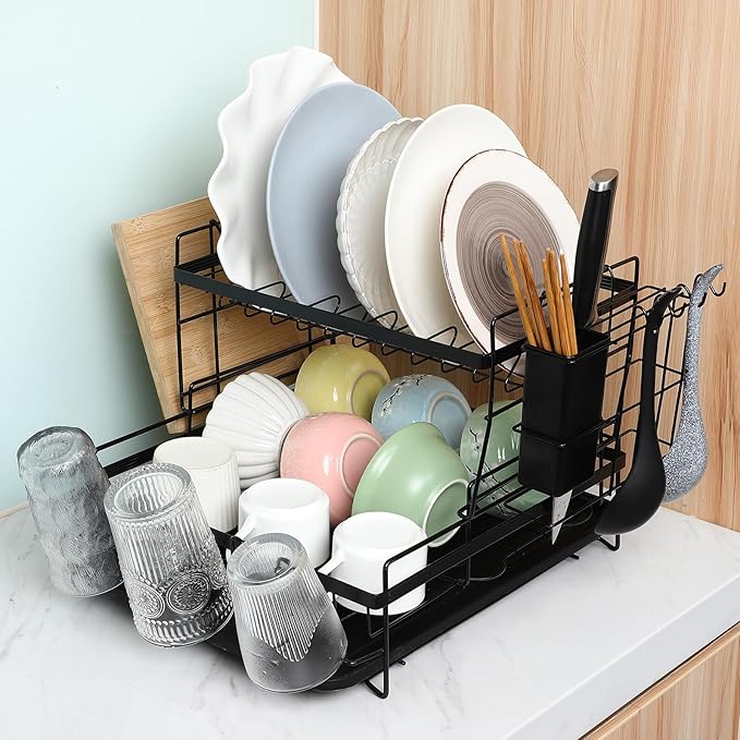 Large Capacity Double Tier Dish Drying Rack with Drainboard and Side Utensil Holder Over Sink Kitchen Counter Organizer for Bowls Plates Cutlery and Chopping Board Storage