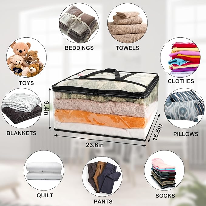 8Pack Clear Blanket Storage Bags, Vinyl Comforter Clothes Storage Closet Organizers and Storage Containers Moving Bags with Reinforced Handle for Bedding, Clothing, Comforters, Pillows, Toys,60L