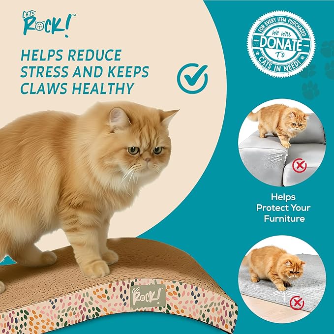 Cats Rock Scratching Board for Indoor Cats, Corrugated Cardboard Cat Scratcher with Catnip, Double-Sided Scratch Pad, Paws & Sardines Wave Design (Pack of 2)