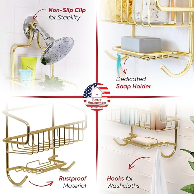 Better Houseware Over the Shower Head Caddy, Rustproof Shower Head Organizer with Hooks & Shelves, Hanging Shower Caddy for Shampoo, Conditioner & Soap, Aluminum Bathroom Rack, Gold