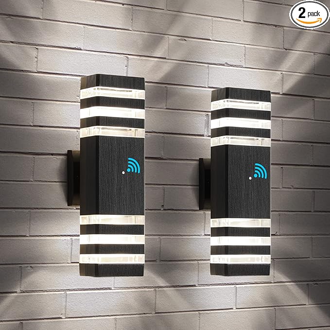 tewei Dusk to Dawn Outdoor Wall Lights, Modern Exterior Light Fixture, 3-Layer Up and Down Matte Black Outdoor Lights IP65 3000K Warm White Waterproof Modern Wall Sconce for Garage Porch, 2 Pack