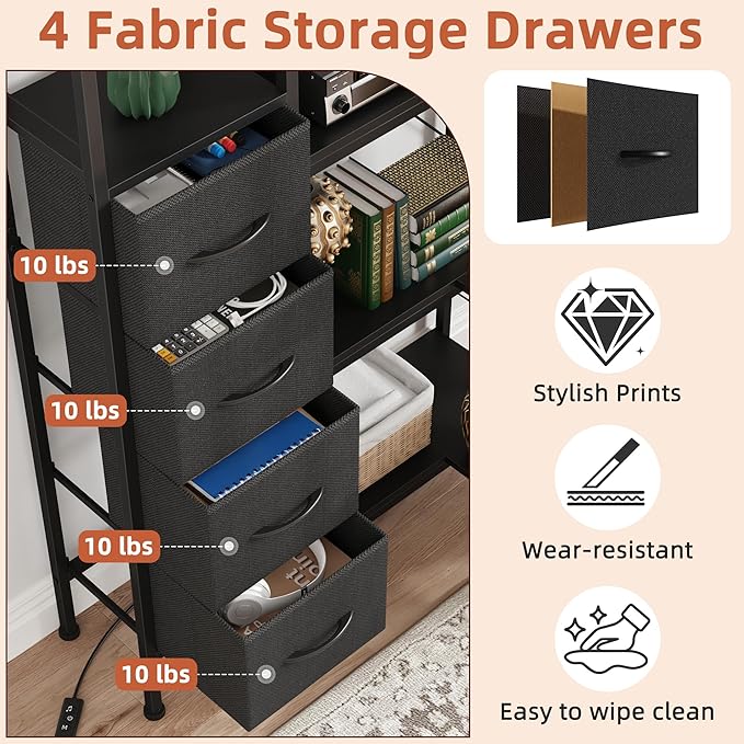 Corner Bookshelf with LED Light Strips & 4 Fabric Drawers, 5-Tier Convertible Corner Shelf with Display Shelf, Large Wood Industrial Bookcase for Living Room, Bedroom, Home Office, Black