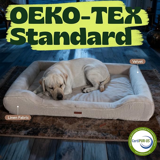 Orthopedic Dog Beds for Extra Large Dogs, Waterproof Cooling Gel Memory Foam XL Pet Bed with Sides, Non-Slip Bottom and Egg-Crate Foam with Washable Removable Cover,42.0" LX30.0 WX9.0 Th Beige