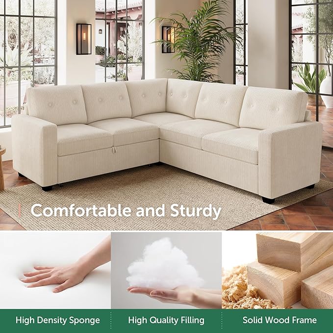 HONBAY 83.4 Inch U-Shaped Sectional Sleeper Sofa with Pull-Out Bed, 5-Seater Sectional Sofa for Living Room, Pet-Resistant Corduroy Couch, Beige
