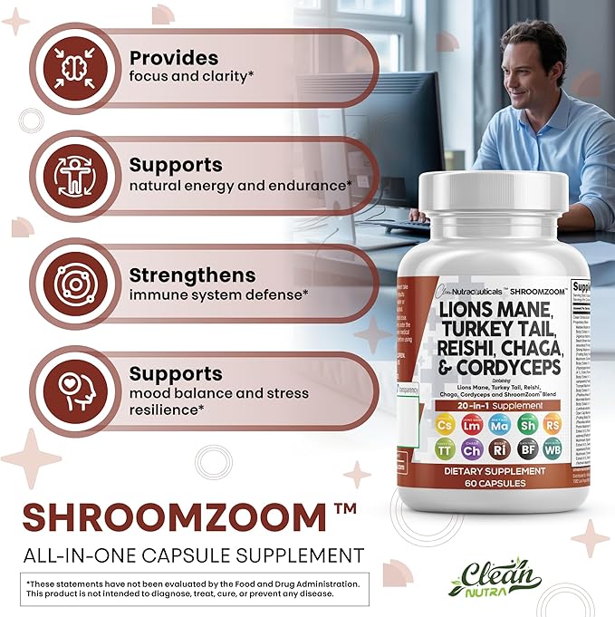 Clean Nutraceuticals Lions Mane 20in1 Mushroom Supplement with Turkey Tail Reishi Cordyceps Chaga Maitake Meshima Poria Cocos Shiitake Oyster Porcini Enoki - 3Pack