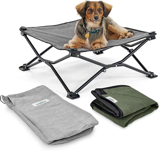 Coolaroo On-The-Go Elevated Dog Bed Kit – Portable & Cooling Travel Cot with HeatShield Fabric for Small Dogs, Lightweight & Compact, Includes Matching Carry Bag & Everglade Green Bonus Cover, Small
