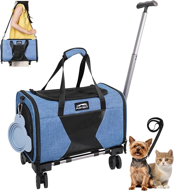 Cat Carrier with Wheels TSA Approved up to 13lbs, Rolling Airline Pet Carriers Under Seat 16.5 * 11 * 10.2in, Soft-Sided Bag for Small Cats and Dogs with Locking Safety Zippers and Pet Bowl, Blue