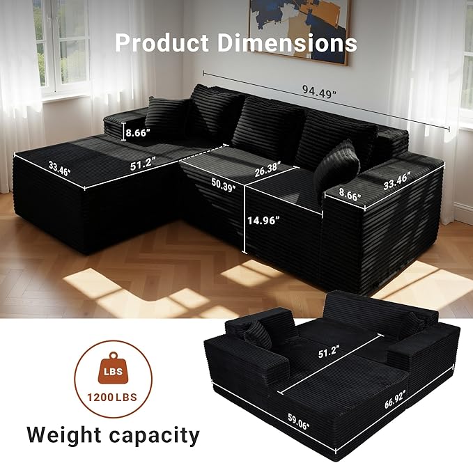 Claiks Boneless Couch, Cloud Couch Sectional, L-Shape Corduroy Modular Sectional Sofa Deep Seat, Upholstered Couches for Living Room, No Assembly Required, Black, Left Facing Chaise