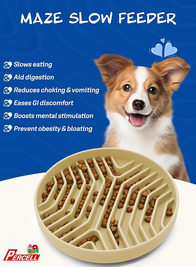 Slow Feeder Dog Bowl with Suction Cups - Non-Slip Silicone Strip Maze Design for Dogs (Beige)